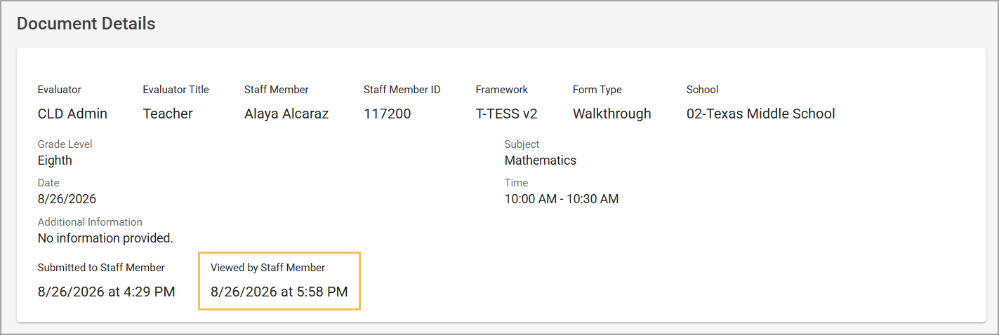 Document details showing evaluator, staff member, and submission timestamps for a walkthrough.